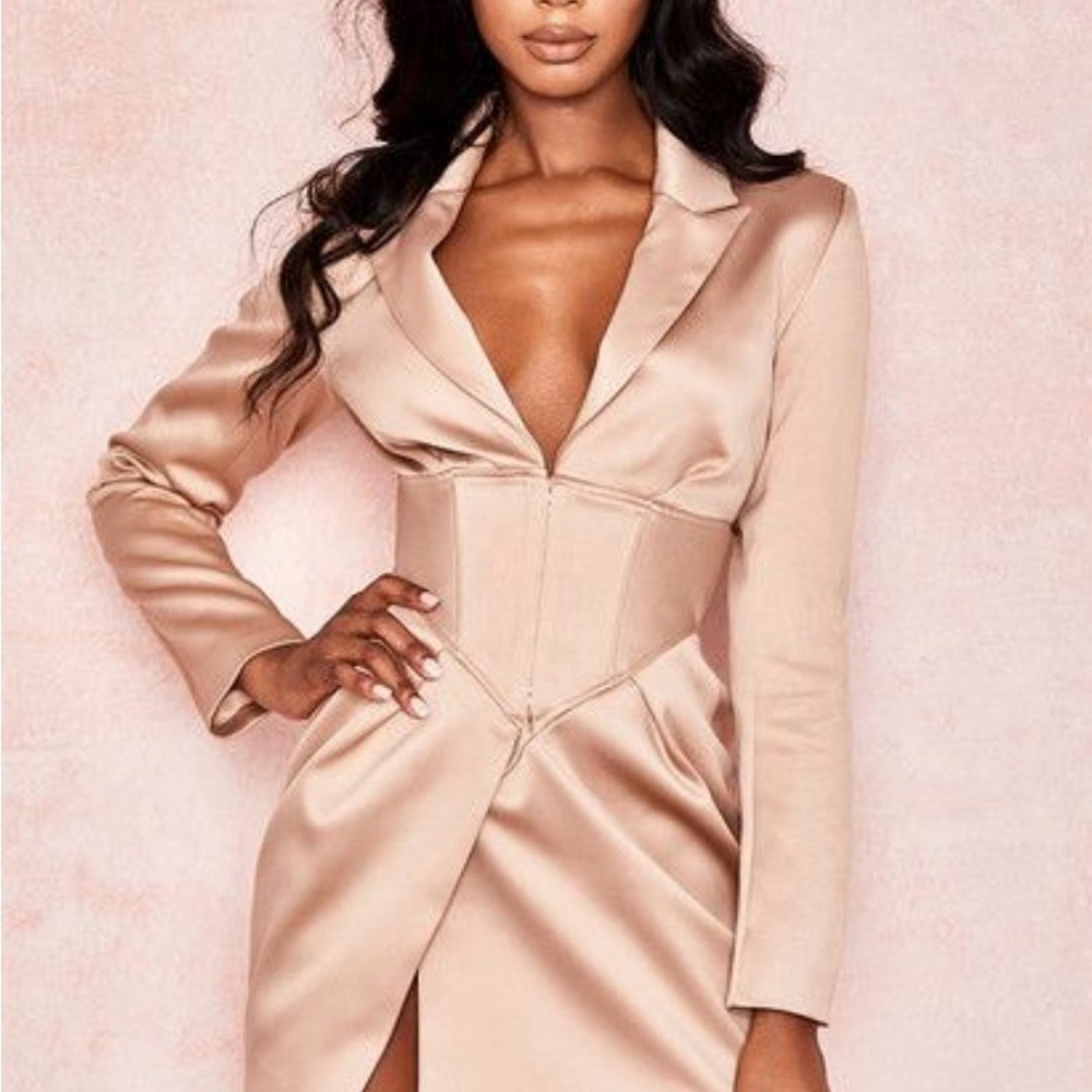 House of CB “Allonia” Satin Tux Dress in Champagne